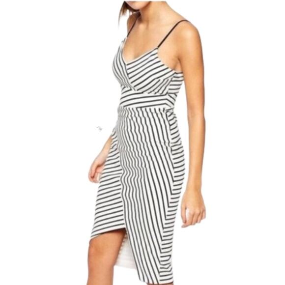 Revolve x Bardot Black and White Stripe Asymmetrical Stretch Sheath Dress Size 4 - Picture 1 of 4